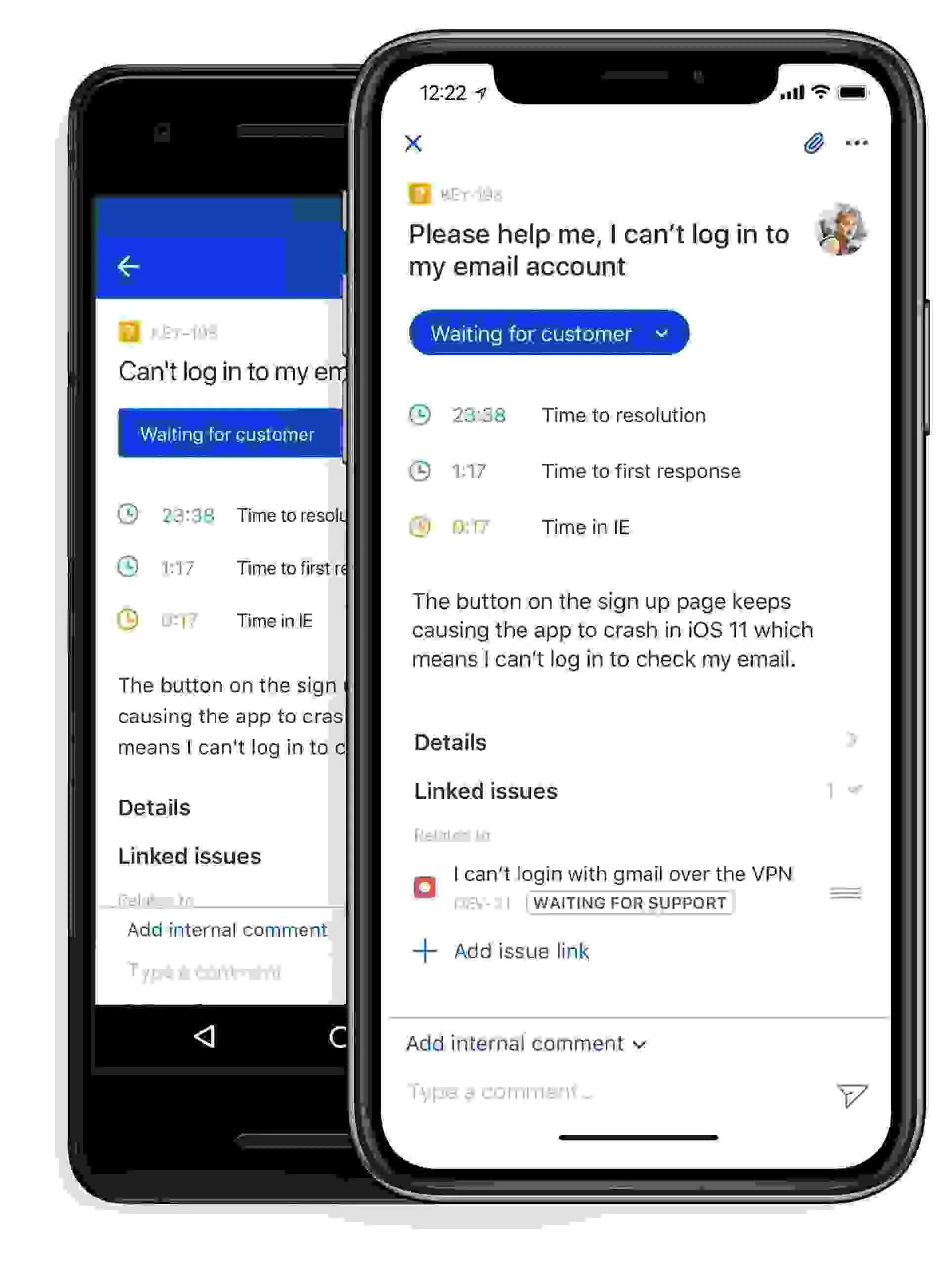 Two smartphones display support ticket screens; right shows issue tracking with status Waiting for customer, left blurred