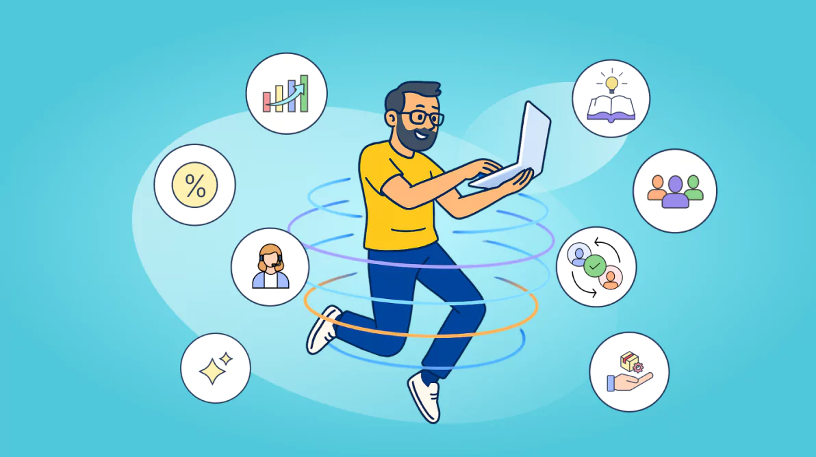 Illustration of a person using a laptop surrounded by communication and customer data icons on a blue background