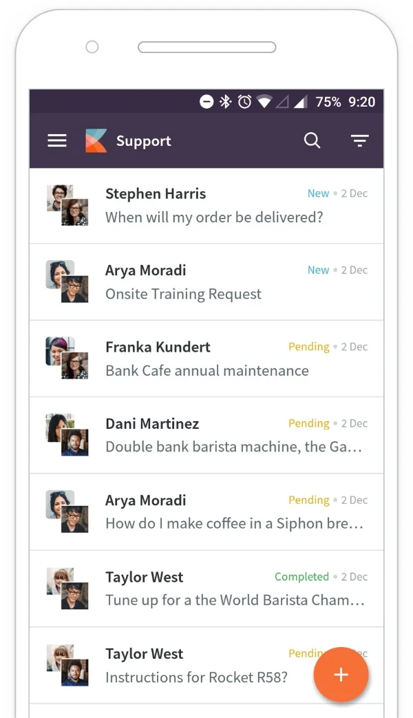 Mobile support app screen shows user messages marked New, Pending, Completed with names, profiles, clean professional design