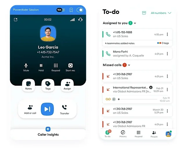 AI-powered call management dashboard with caller insights, task tracking, missed calls, and workflow automation