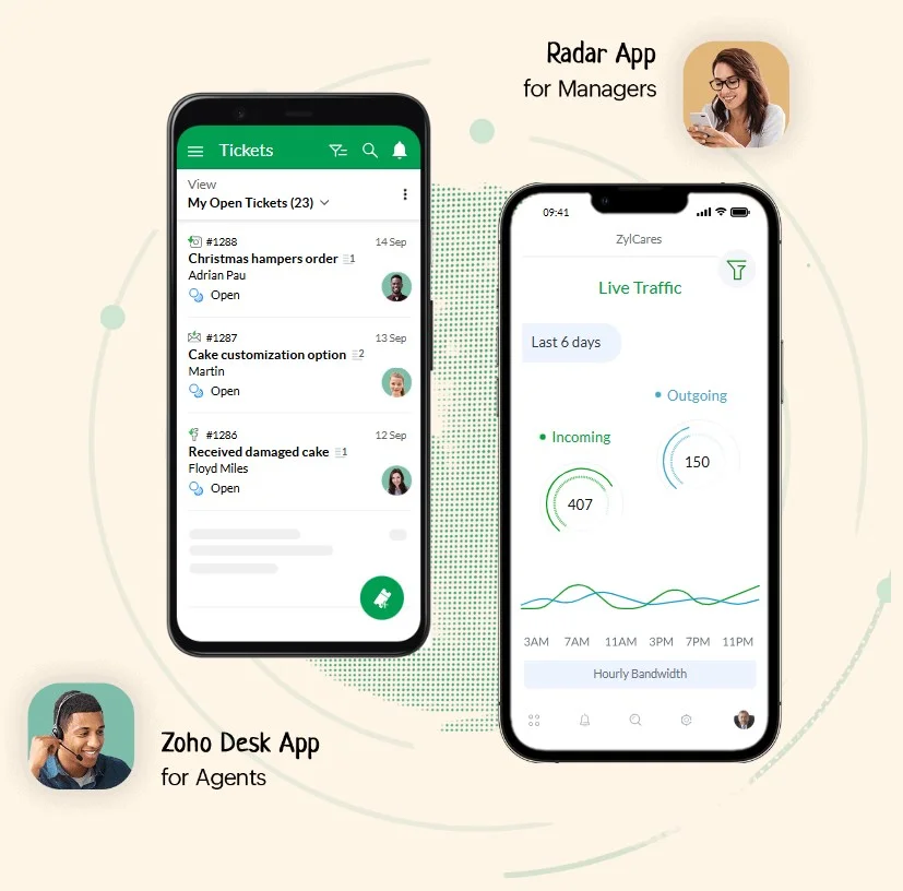 Split-screen image shows Zoho Desk App listing tickets with dates, while Radar App displays traffic stats and graphs