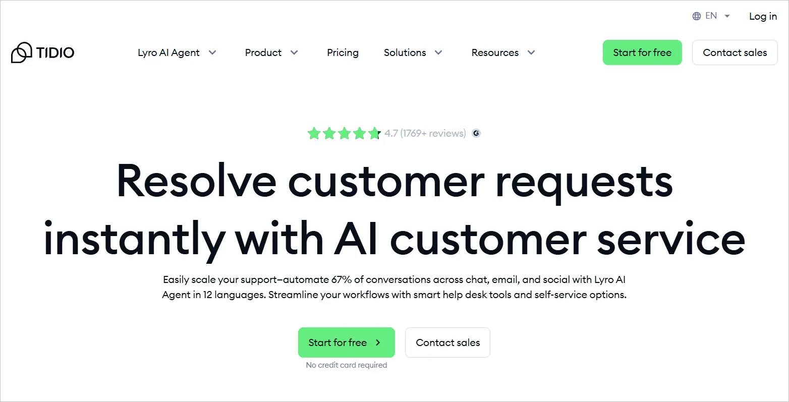 AI customer service homepage emphasizing instant resolutions, strong user ratings, and ecommerce‑friendly automation.