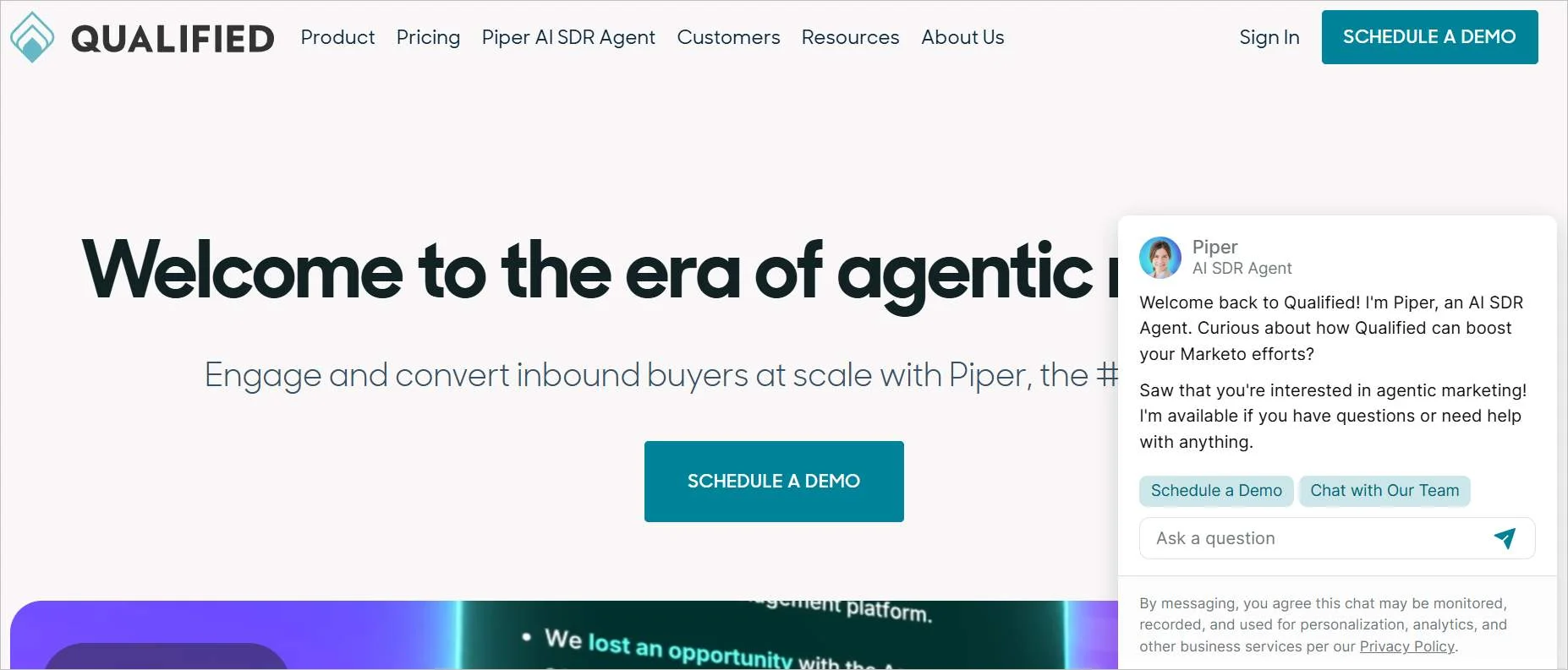 Conversational marketing assistant welcoming buyers and enabling meeting scheduling through AI‑driven routing.
