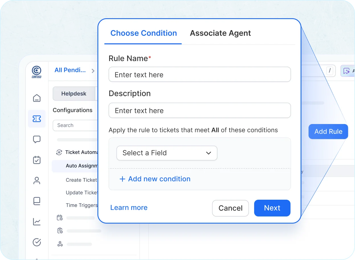 BoldDesk software interface popup 'Choose Condition' with fields for rule name, description, condition, plus sidebar options