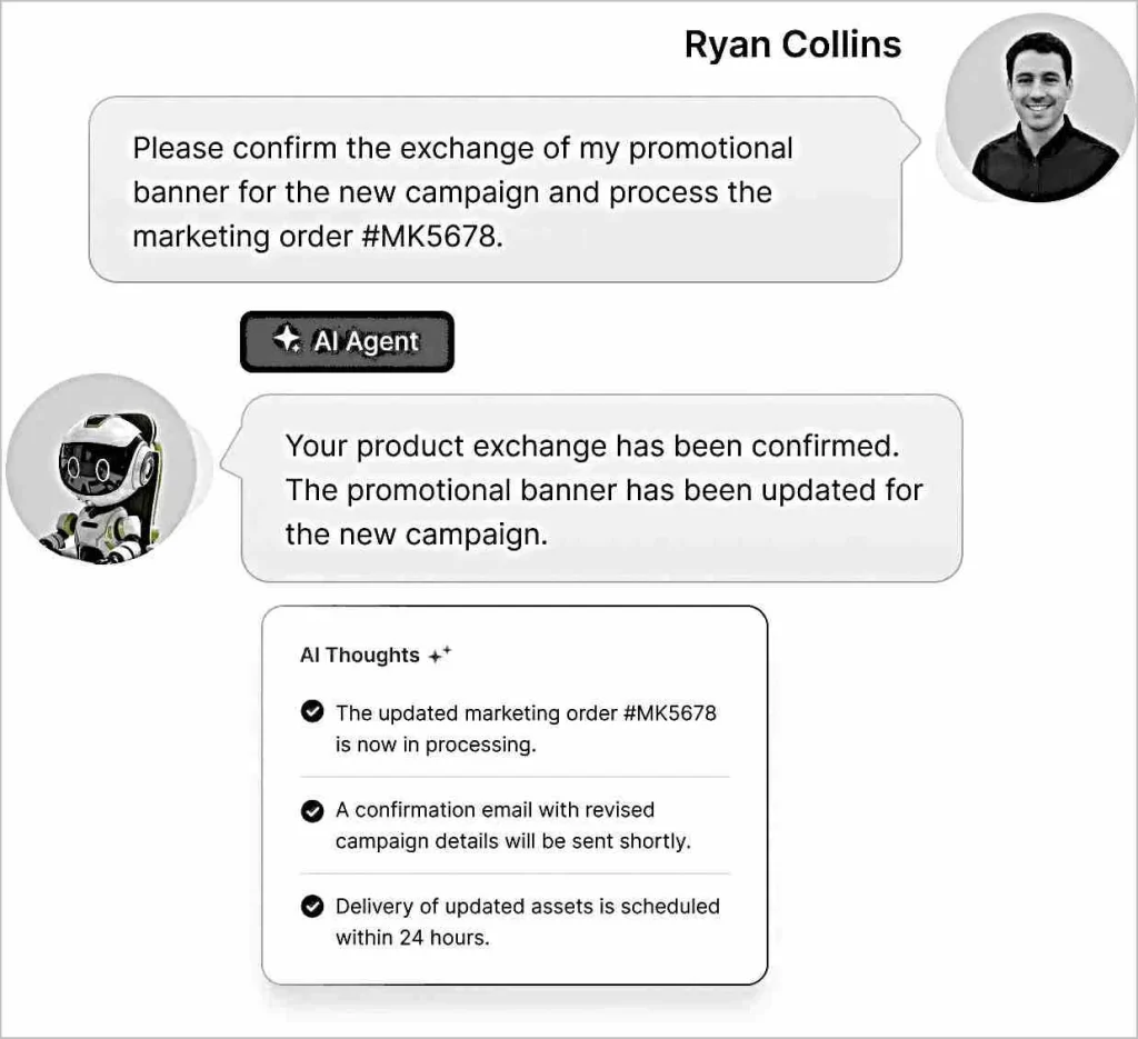AI chat automatically handles a marketing asset update request, showcasing task-based support