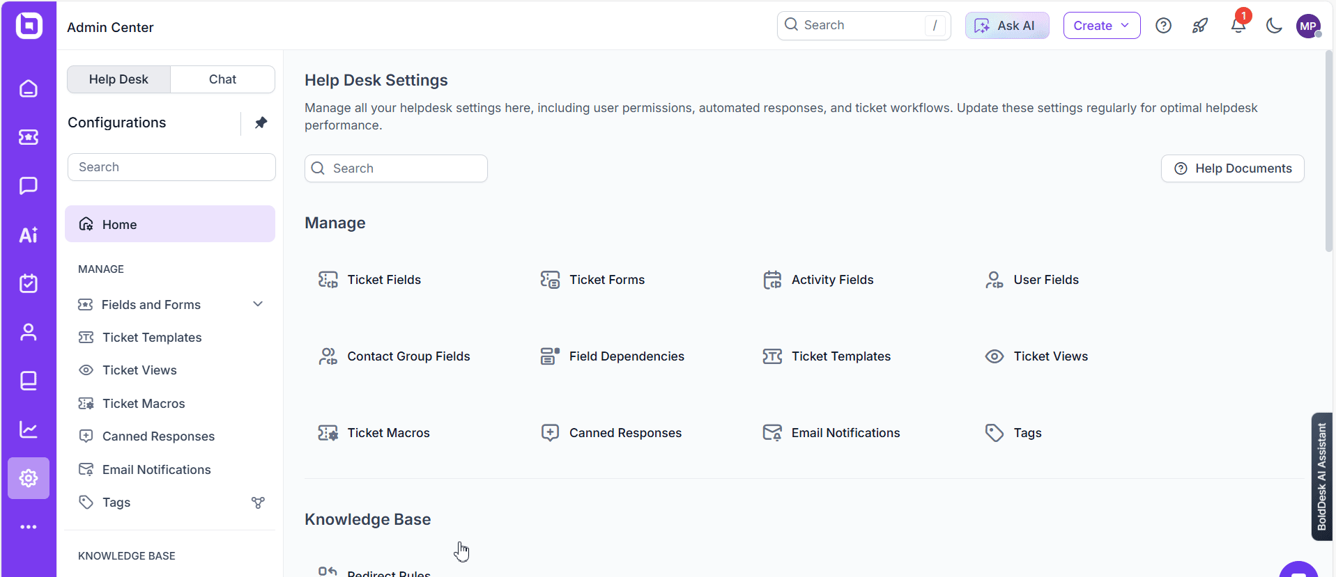 Help Desk configuration screen showing editable ticket fields, user attributes, templates, and automated email settings.