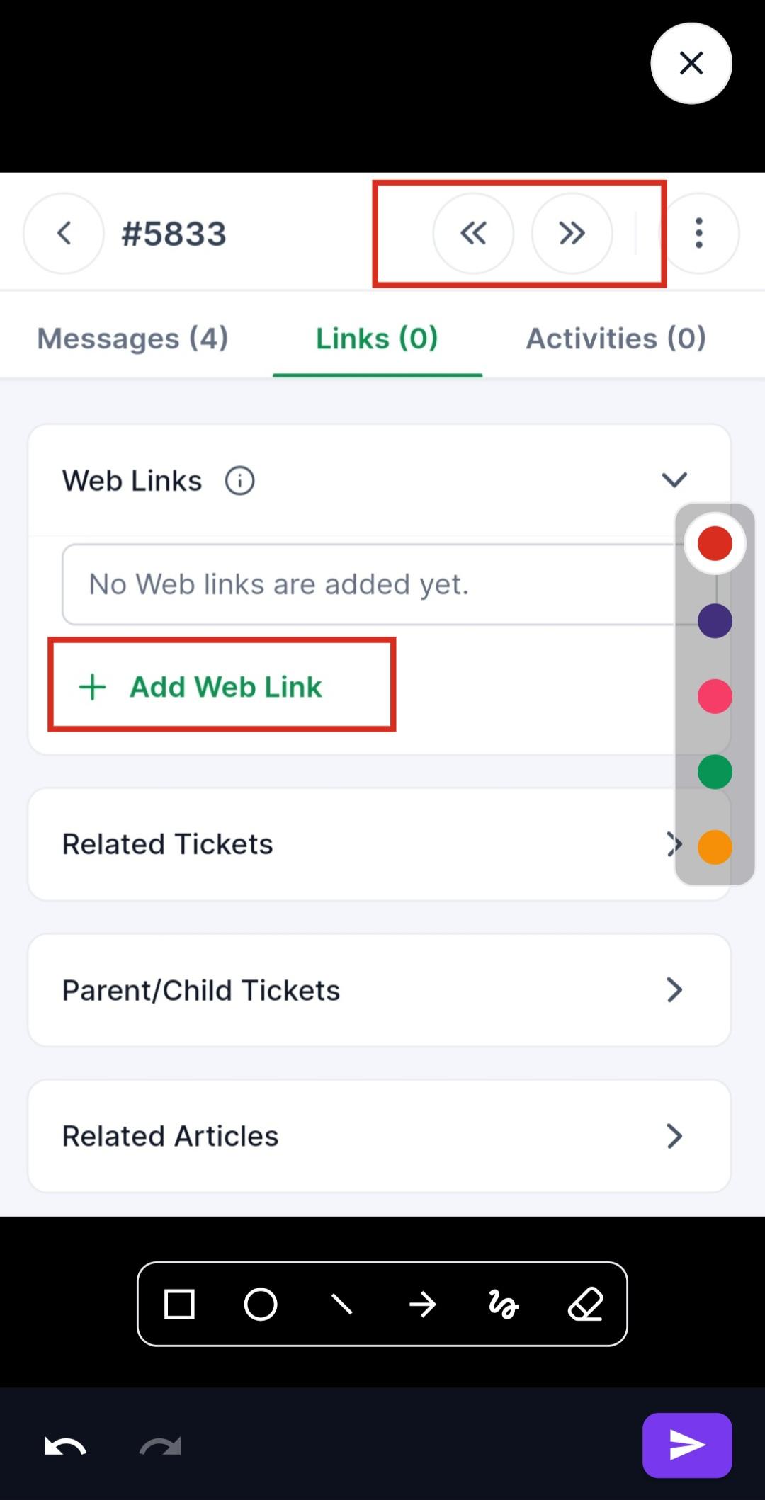Ticket system UI showing Ticket #5833 with messages, links, activities; no links yet. Add buttons and nav arrows are visible.