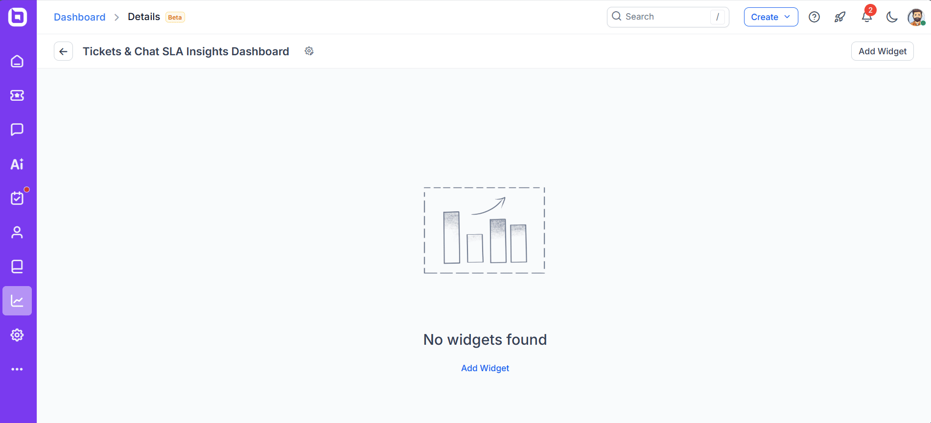 Widget setup screen with ticket filters and grid of templates like “Created Tickets” and “Tickets by Category”; clean layout.