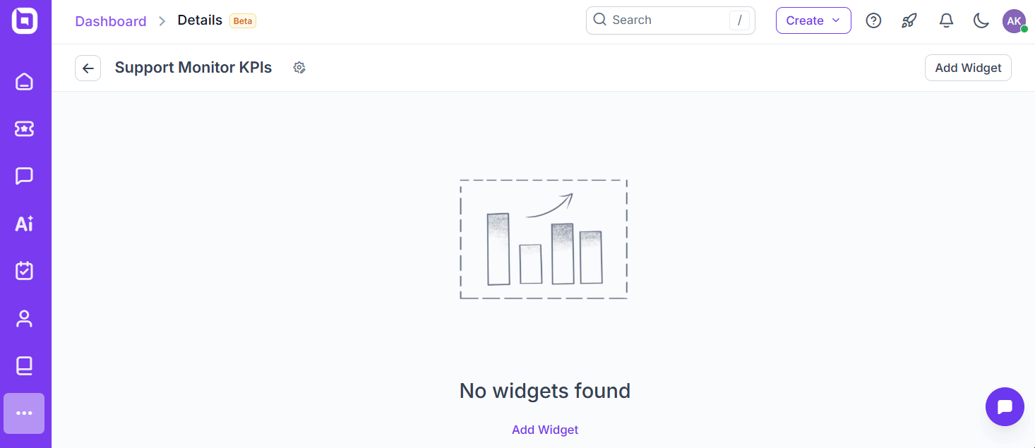 KPI dashboard titled “Support Monitor” shows empty state with “No widgets found” and hovered “Add Widget” button at top.