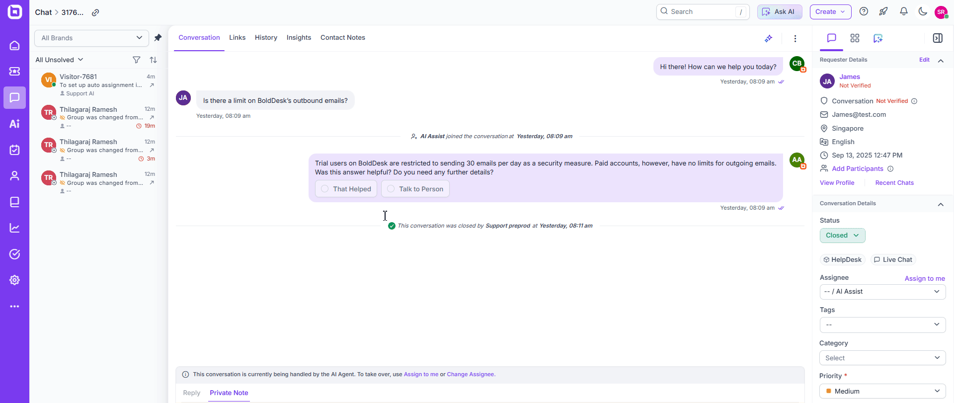 Conversation in Intercom about BobSlack email aliases; agent explains SendGrid use; sidebar shows inbox and filters.