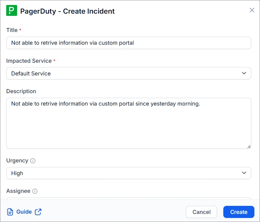 PagerDuty incident form with filled Title, Service, Description fields; Urgency set to High; Cancel/Create buttons below.