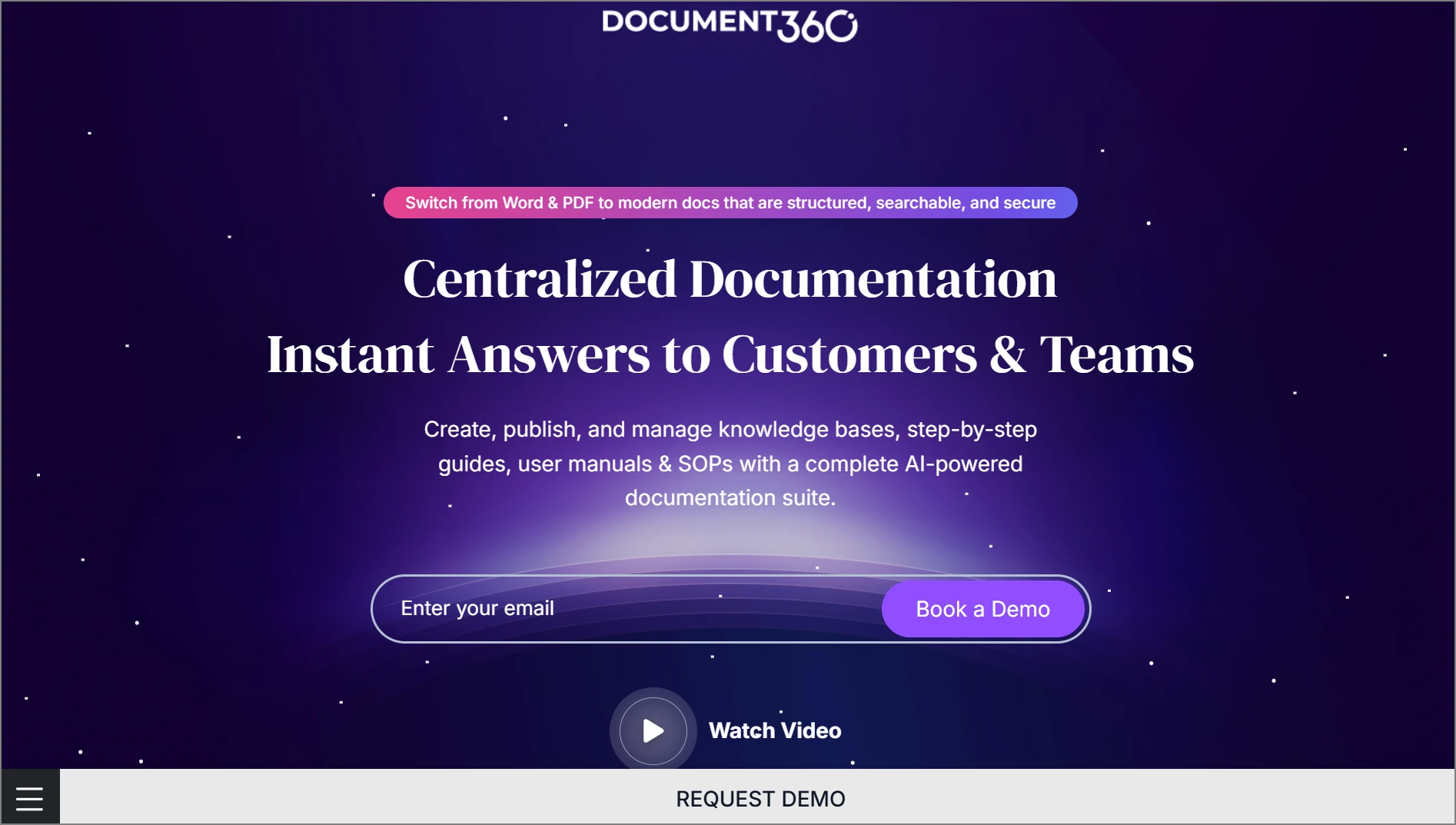 Purple Document360 homepage with centralized documentation, email form, and video play icon