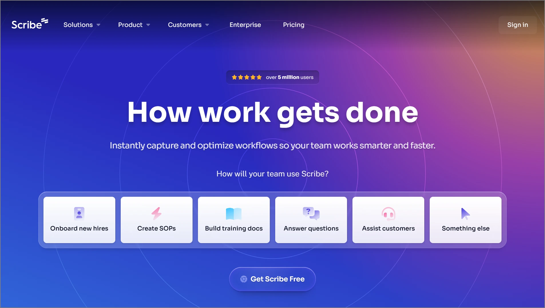 Blue and purple Scribe homepage with workflow cards, onboarding icons, and a Get Scribe Free button