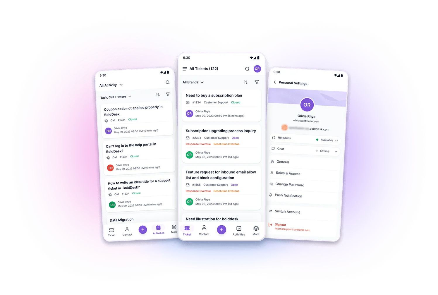 Mobile help desk app showing tickets, activities, and account settings.
