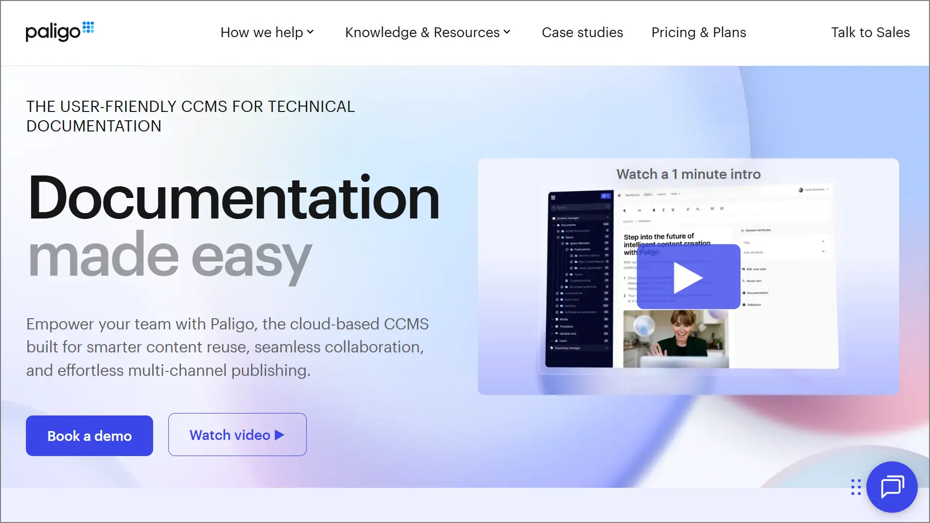 White, blue, and purple Paligo homepage with documentation interface, video play icon, and demo button