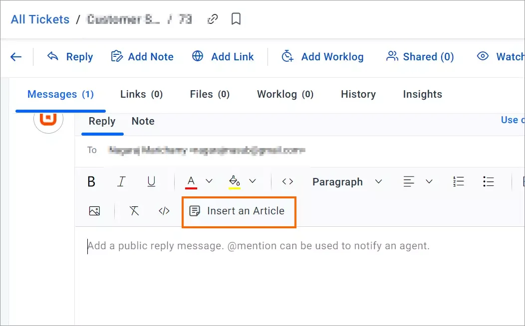 Support UI with 'Reply' section; buttons for notes, links, and highlighted 'Insert Article' show structured workflow.
