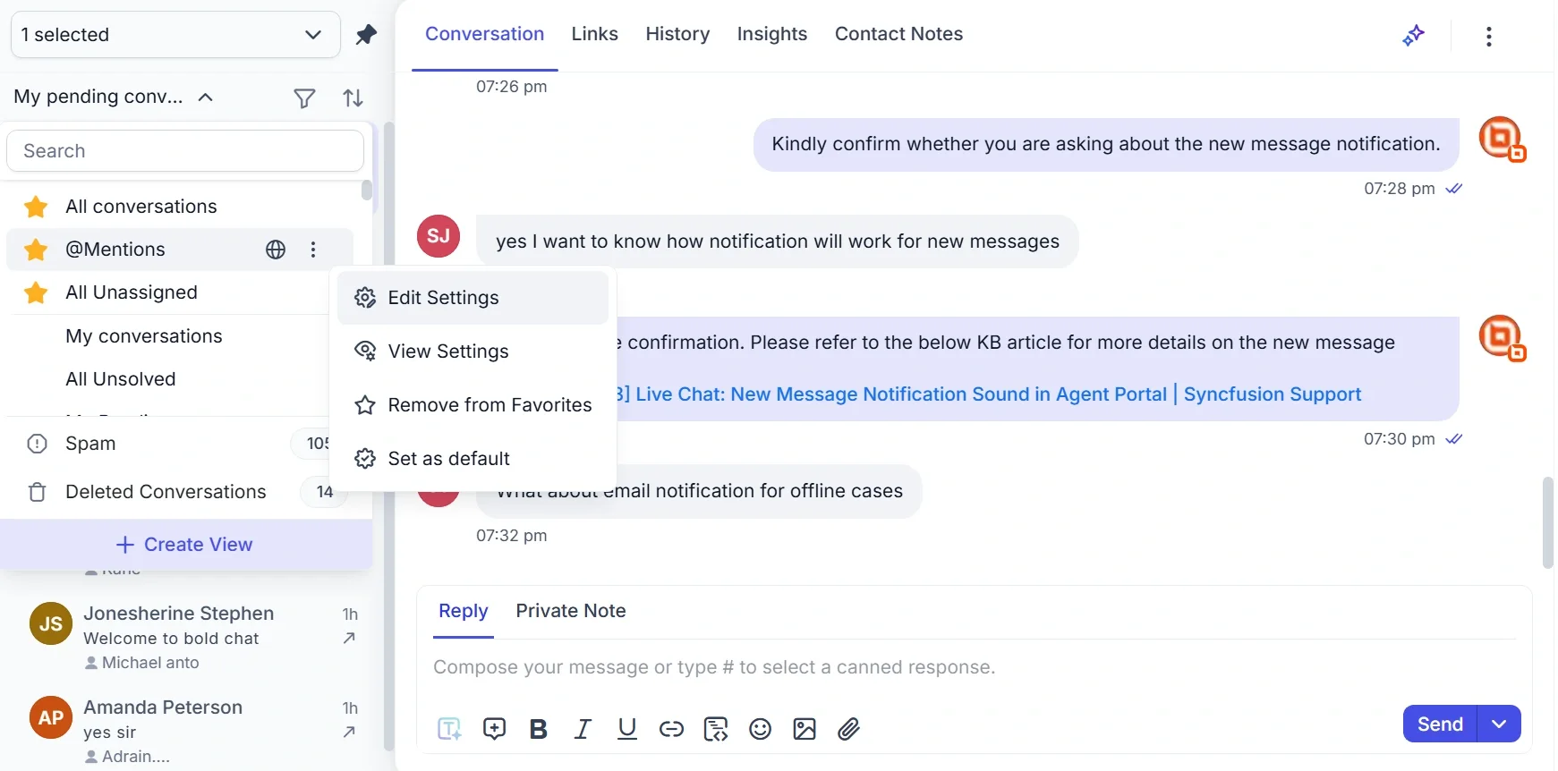 Interface showing chat about notifications; settings options present; tone is helpful and guidance-focused.