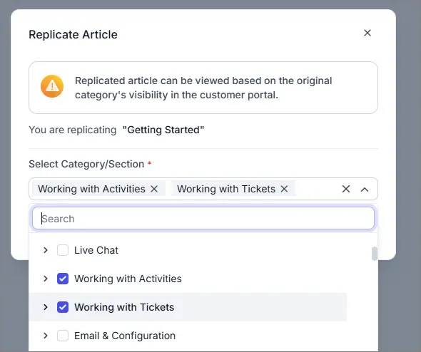 White and gray article replication window with orange warning icon, search field, and category selection menu