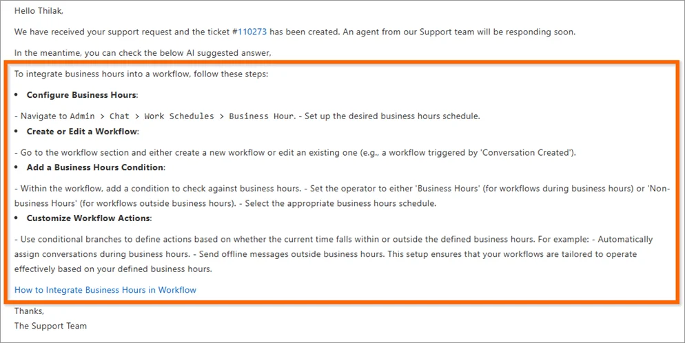 Support email explaining how to add business hours to a workflow; includes setup steps and a blue help link for guidance.
