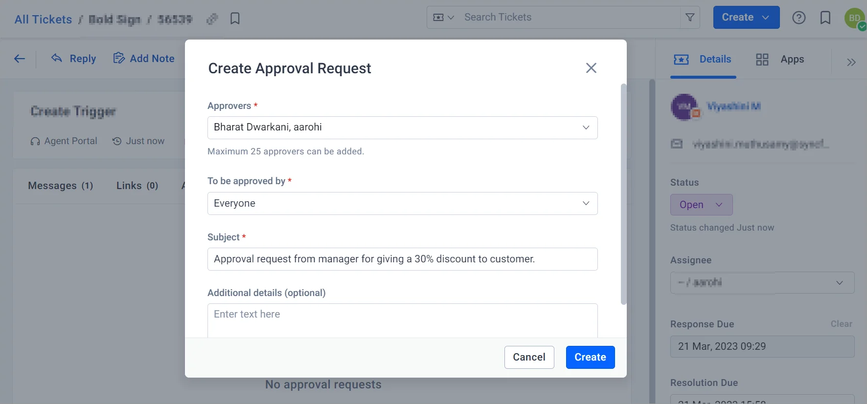 Approval Request form with approvers, subject, optional notes; 'Create' button is clearly highlighted below.