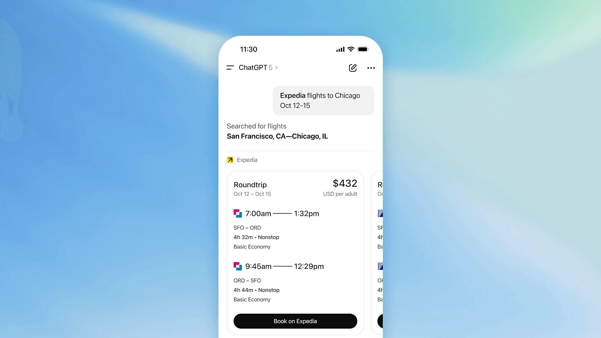 A picture showing ChatGPT Apps SDK- Expedia integration for travel booking