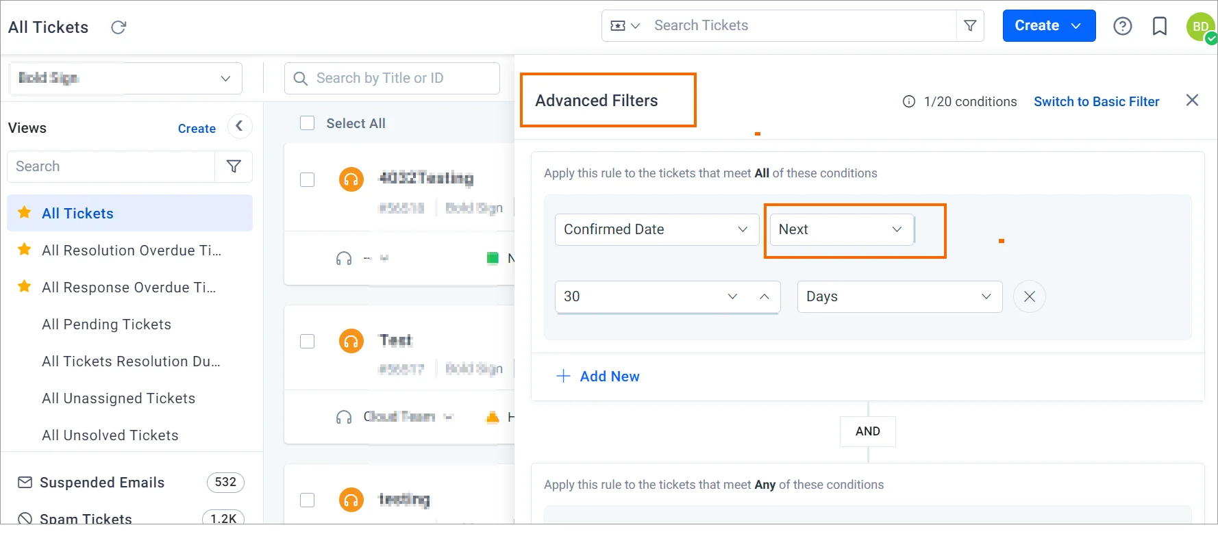 Support ticket system UI with category list on left and date filters on right; advanced filtering options are applied.