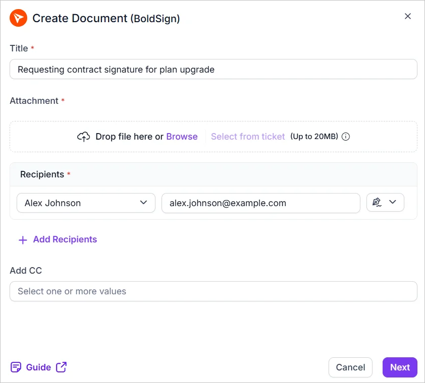 BoldSign document form with file upload and recipient details.