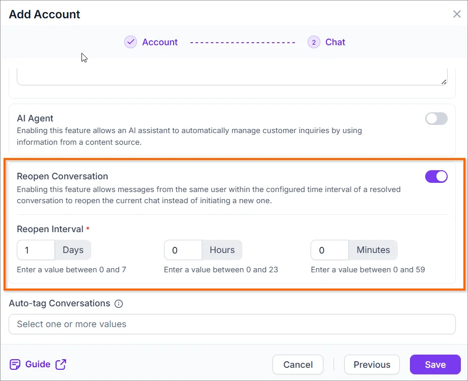 Reopen Conversation settings with a one-day reopen interval configured.