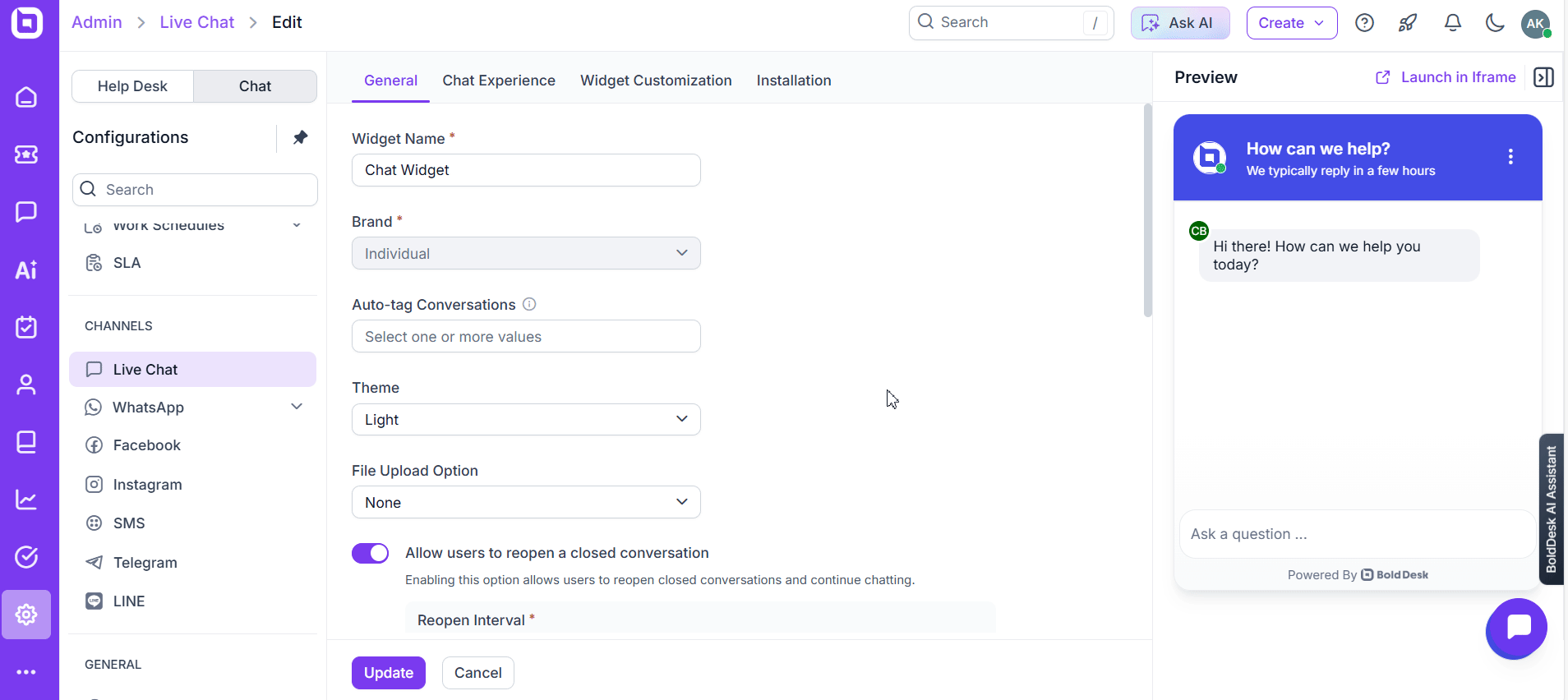 FAQ message in live chat