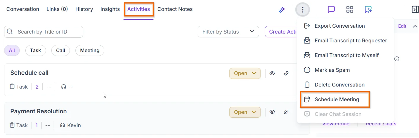 Activities tab with the Schedule Meeting option in the conversation menu.