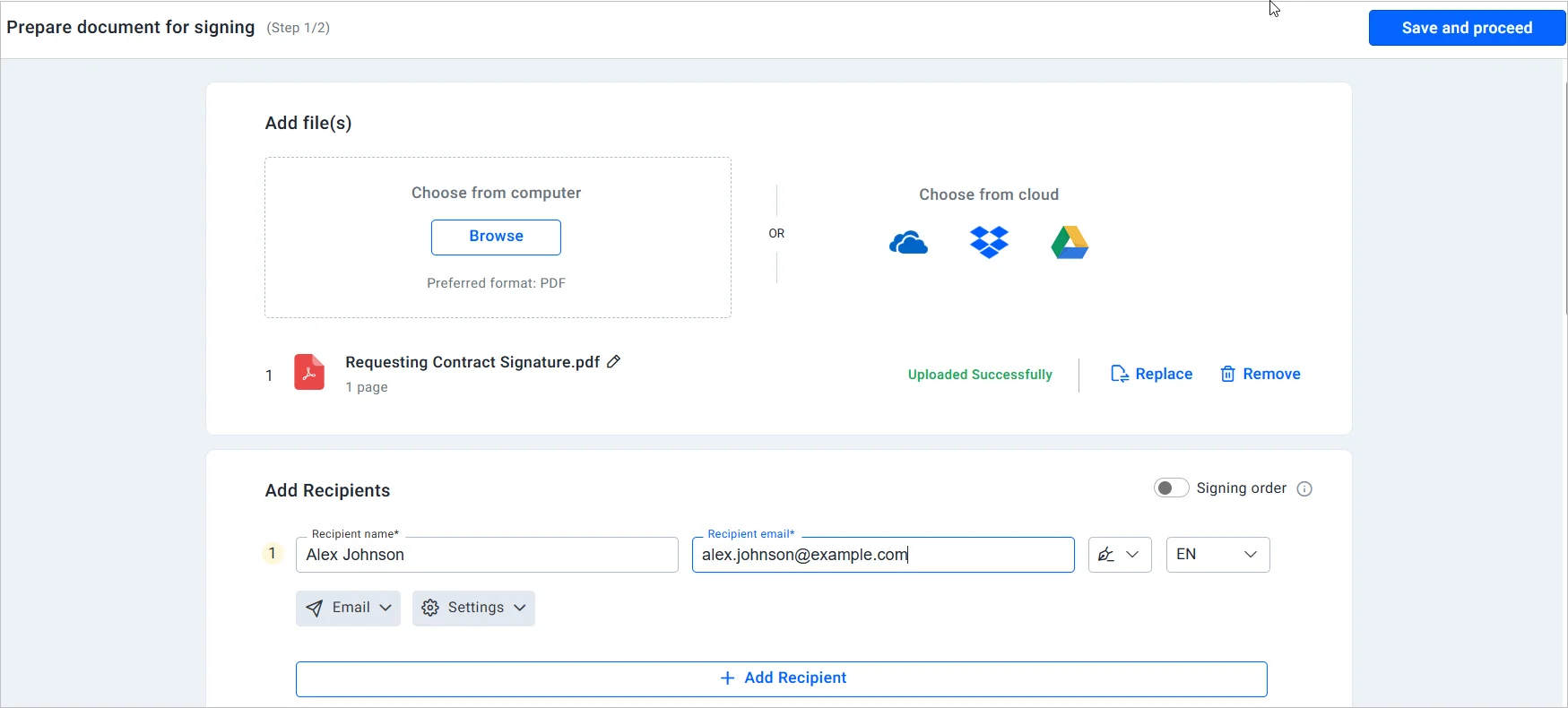 Document signing setup page with uploaded file and recipient details.