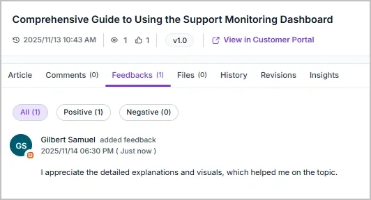 Article feedback tab showing one positive feedback entry.