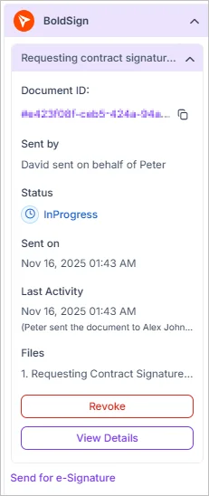 BoldSign document details showing an in-progress signature request.