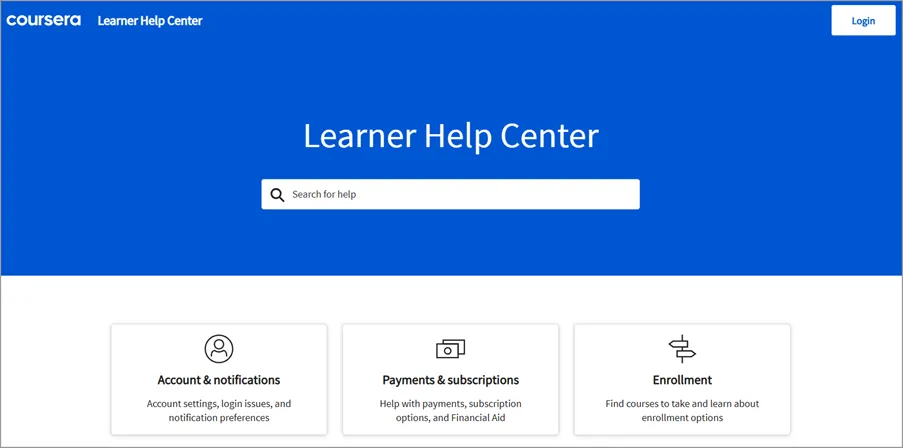 Coursera Help Center interface shows blue header with search bar, three boxes for Account, Payments, and Enrollment options