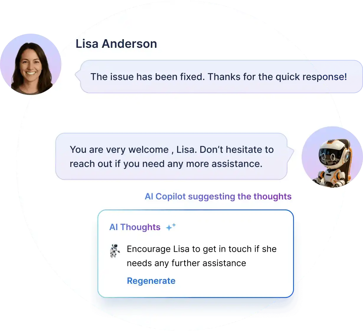 A female support agent interacting with BoldDesk Copilot dashboard, showcasing AI-powered assistance for drafting responses, recommending knowledge base articles, and real-time support tools