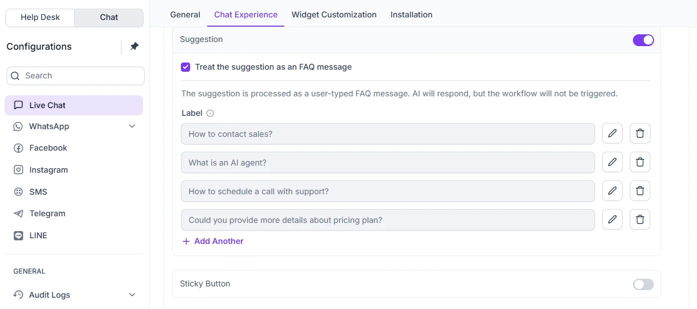 Chat Experience settings with FAQ-style suggestion messages configured.