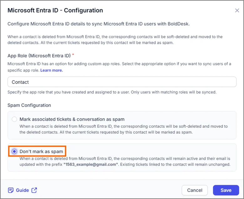 Microsoft Entra ID configuration with Don't mark as spam selected.