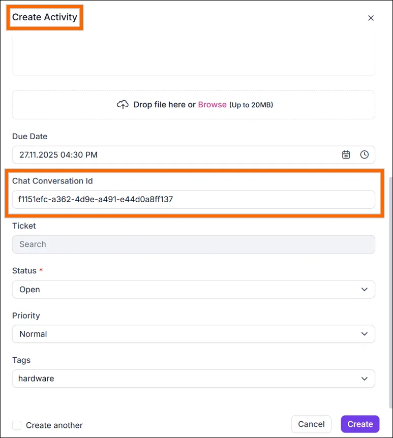 Create Activity form showing a linked chat conversation ID.