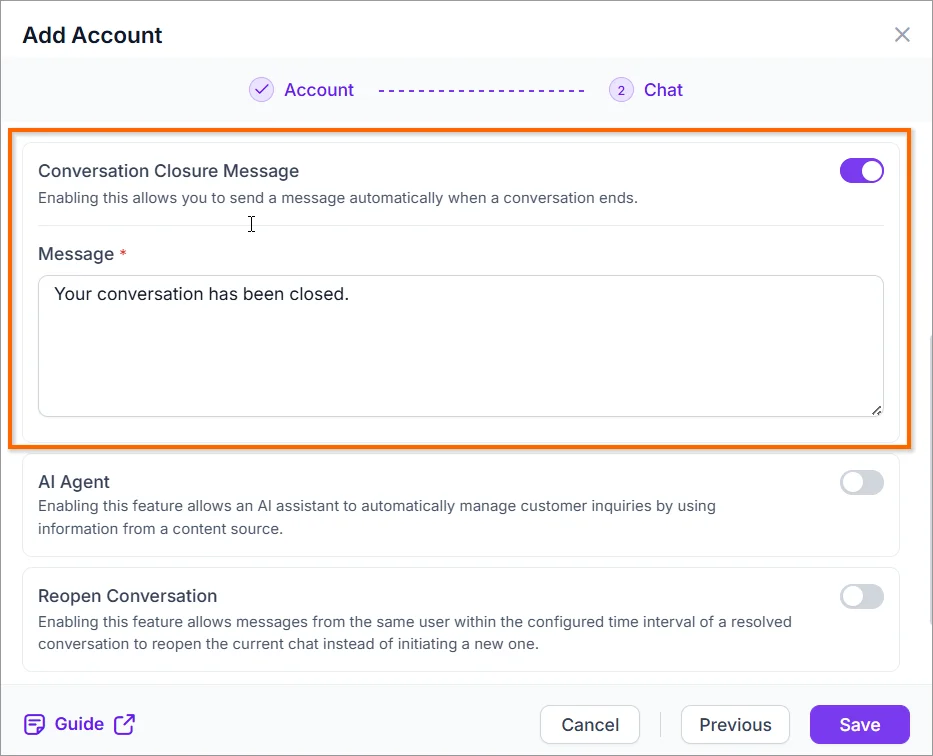 Conversation closure settings with an automatic closure message enabled.