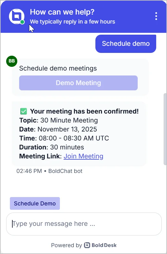 Chat widget displaying a confirmed demo meeting with date, time, and join link.