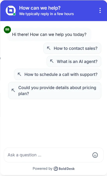 Chat widget displaying suggested questions for customer assistance.