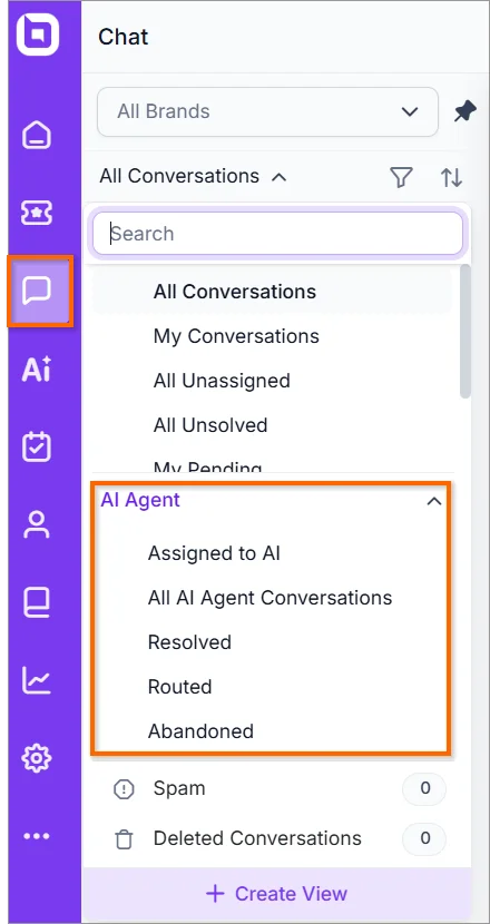Chat inbox showing AI Agent conversation filters and statuses.