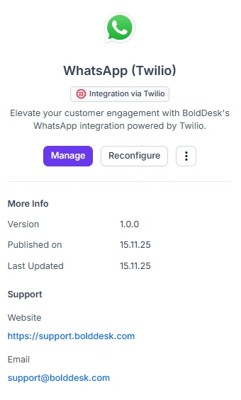 WhatsApp (Twilio) integration page with management options and version details.