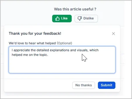 Article feedback form with a positive comment ready to submit.