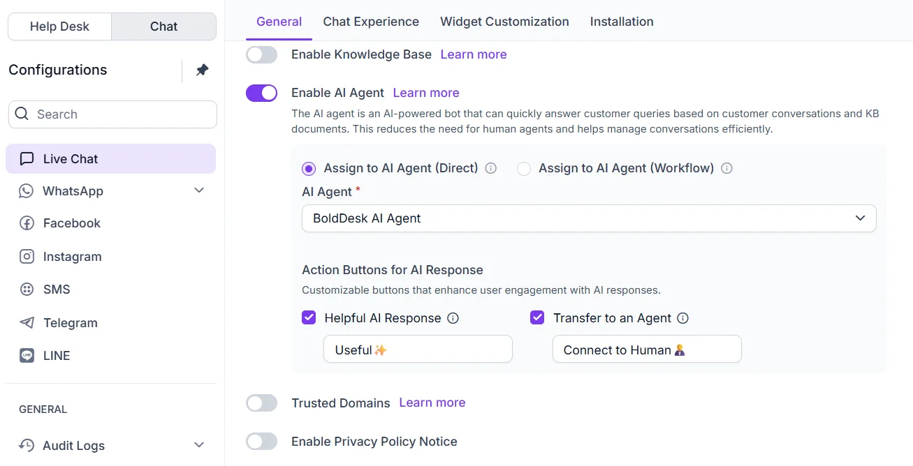 Live Chat settings with AI Agent enabled and assigned to BoldDesk AI Agent.
