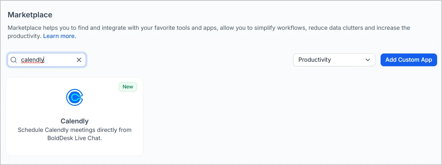 Marketplace search results displaying the Calendly integration.