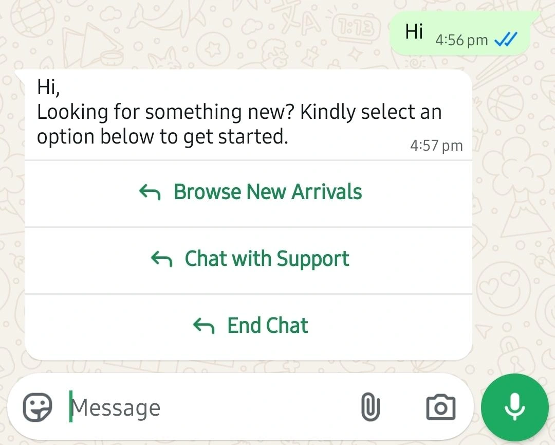 WhatsApp message with interactive options for browsing arrivals, contacting support, or ending chat.