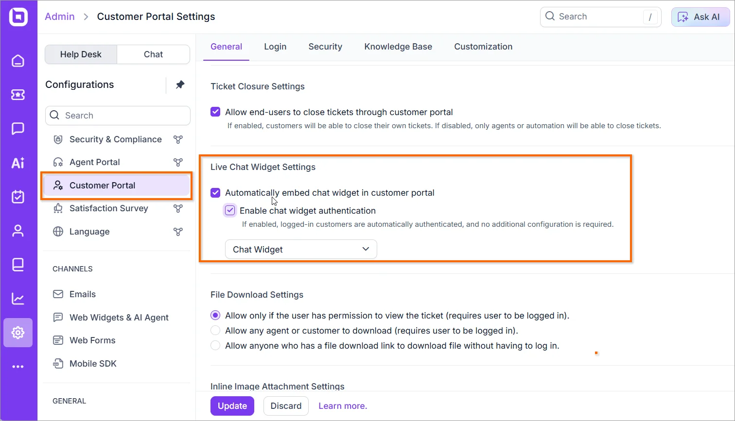 Customer Portal settings with chat widget embedding and authentication enabled.