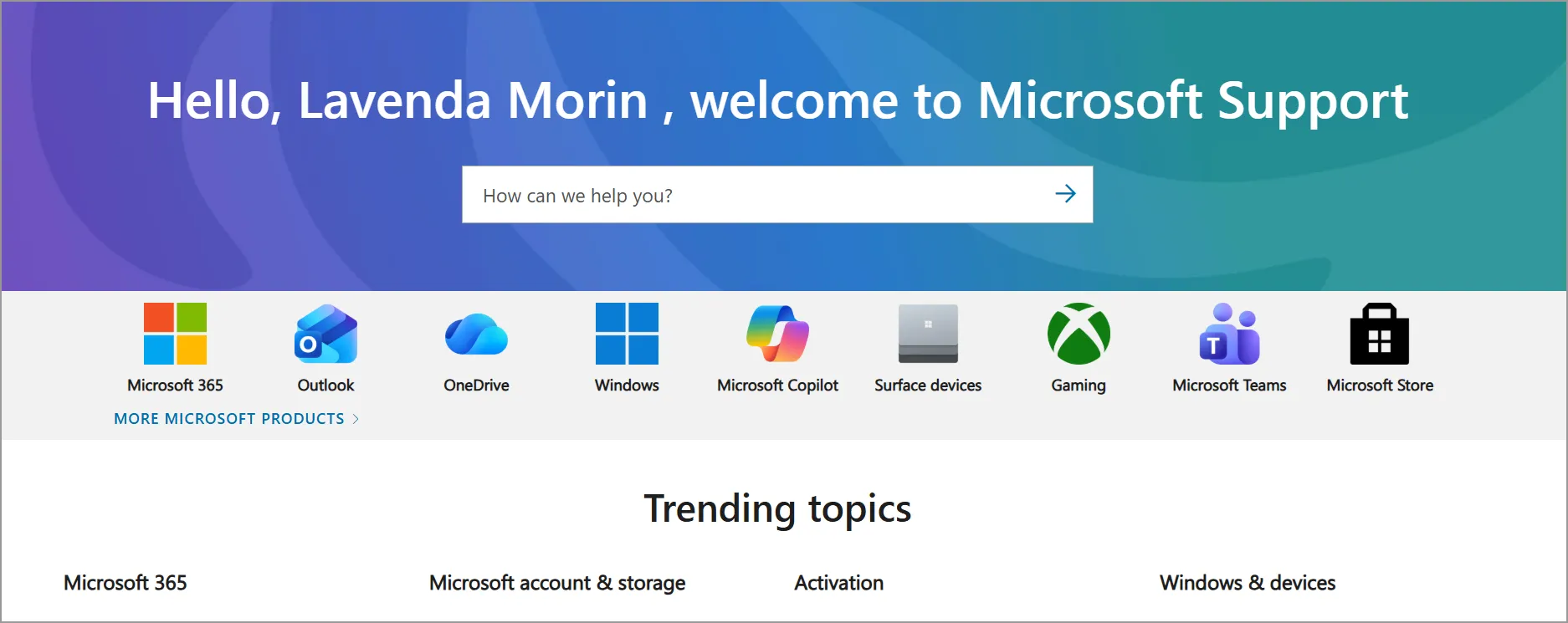 Microsoft Support page greets user with welcome message, icons for 365, Outlook, OneDrive, Windows, plus top search bar