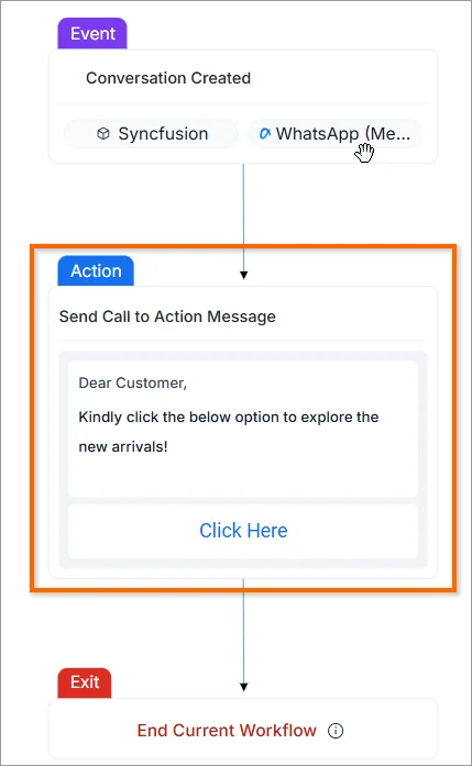 Workflow step sending a call-to-action message in a conversation flow.